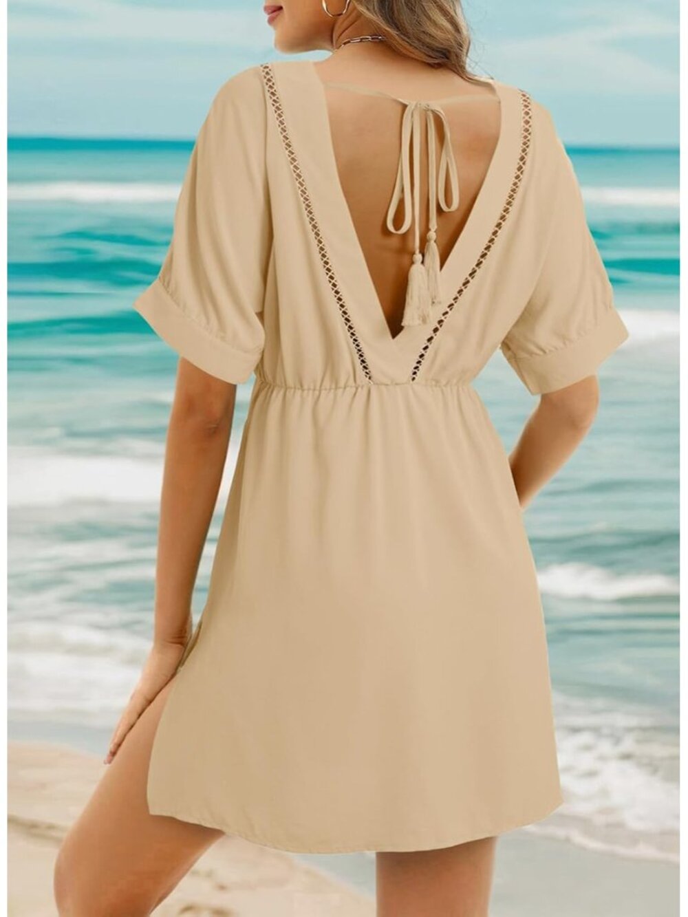 Women's Khaki Hollow Out V Neck Short Sleeve Bathing Suit Bikini Beach Cover Ups - Picture 2 of 6